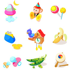 Various objects and toys on a white background