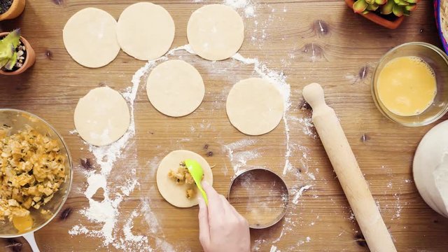 Flat lay. Step by step. Making home made empanadas with chicken and grilled corn