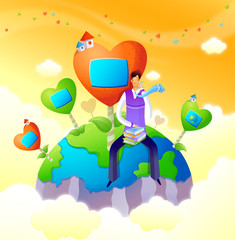 Businessman sitting on a globe with books