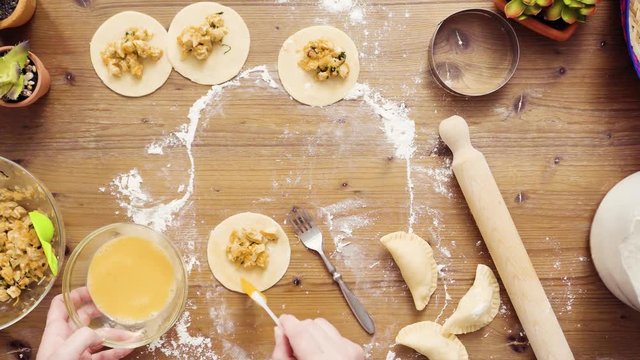 Flat lay. Step by step. Making home made empanadas with chicken and grilled corn