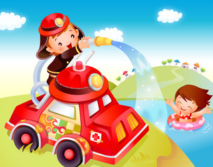 Firefighter pouring water into a lake