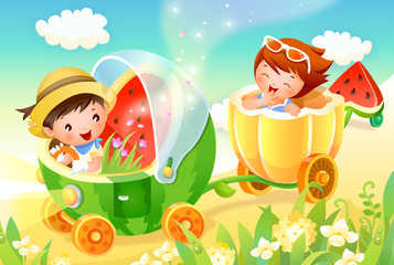 Boy and a girl in a toy vehicle