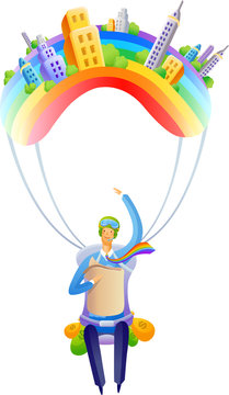 Businessman flying on a parachute