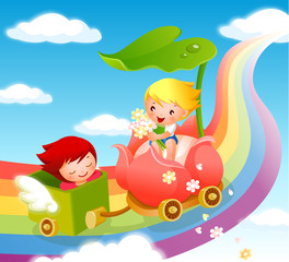 Obraz na płótnie Canvas Boy with a girl traveling on a vehicle