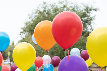 Fototapeta na wymiar Holiday, balloons rushing up, colorful flags.