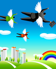 Rear view of two businessmen and a businesswoman flying over a city