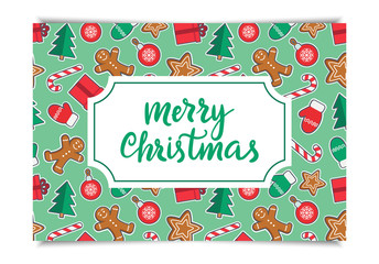 Merry Christmas lettering on pattern with gingerbread man, candy, gift, ball, christmas tree, gloves on green background. Perfect for greeting card, wrapping paper etc. Vector illustration