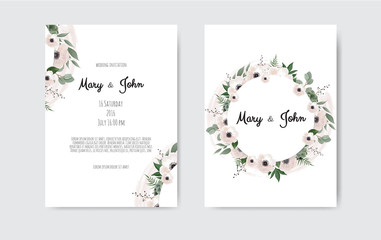 Fototapeta na wymiar Botanical wedding invitation card template design, white and pink flowers. Vector template set.