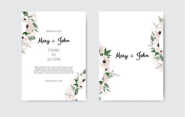 Botanical wedding invitation card template design, white and pink flowers. Vector template set.