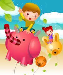 Obraz na płótnie Canvas Boy and a girl sitting on animal shaped balloons