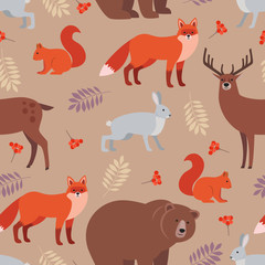 Seamless pattern of forest animals and plants: fox, deer, bear, hare, squirrel, autumn leaves, rowan berries isolated on beige background. Colorful vector background. Illustration of wild animals
