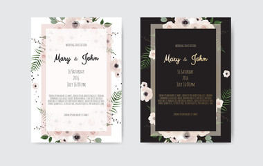 Botanical wedding invitation card template design, white and pink flowers. Vector template set.