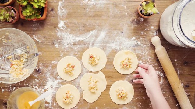 Flat lay. Step by step. Making home made vegetarian empanadas with corn