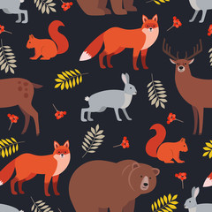 Seamless pattern of forest animals and plants: fox, deer, bear, hare, squirrel, autumn leaves, rowan berries isolated on dark background. Colorful vector background. Illustration of wild animals