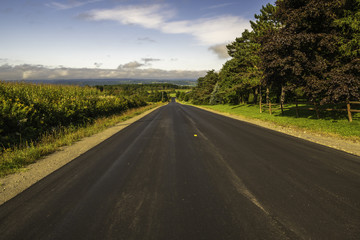 Road passing through the farms in upstate New York, featuring blue morning sky on the background