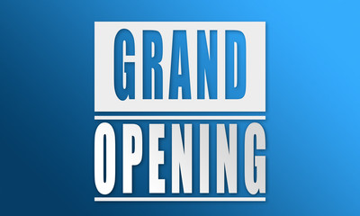 Grand Opening - neat white text written on blue background