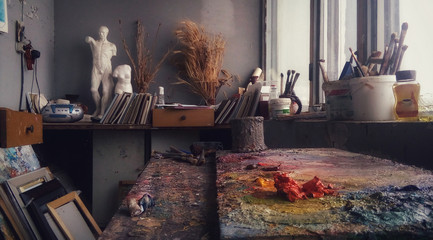 Artist's workshop room with art decorations and art materials