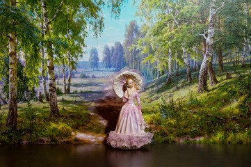 Obraz na płótnie Canvas Young lady in a birch grove
