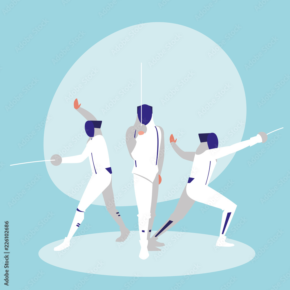 Poster group of people practicing fencing avatar character