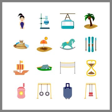 travel icons set. pool, camp, exercise and group graphic works