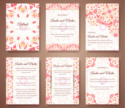 Set of beautiful invitation design flyer ornament concept. Vintage art traditional, Islam, arabic, indian, ottoman motifs, elements. Vector decorative template greeting card illustration.