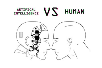 Humans vs Robots. AI artificial intelligence versus human intelligence. Face to face, duel of views. Vector illustration cartoon, clip art, sketch 