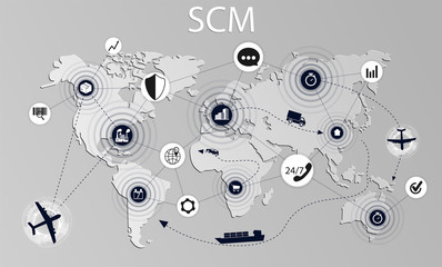 SCM concept illustration. Modern logistics, supply chain management. Delivery stages on the world map.  Supply Chain Management concept banner. Vector illustration 