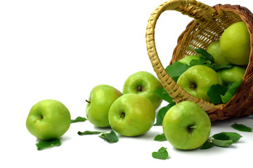 Ripe apples are scattered out of the basket. Isolated on white. Close-up. Harvest.