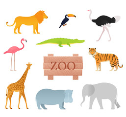 Zoo animals. Vector. Animal icon set with wooden board. Cartoon toucan tiger flamingo lion ostrich giraffe elephant crocodile hippopotamus. Colorful illustration in flat design on white background.