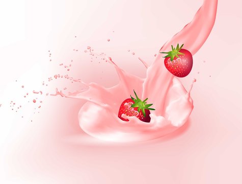 Milk splash and strawberry 3d vector object. Natural dairy products