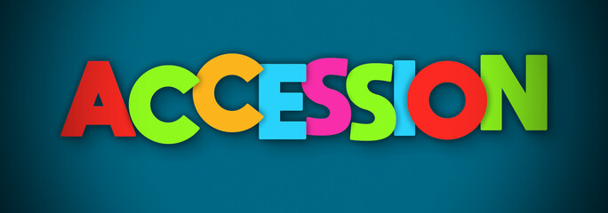 Accession - overlapping multicolor letters written on blue background