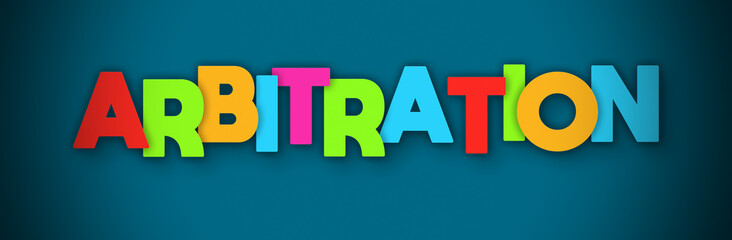 Arbitration - overlapping multicolor letters written on blue background