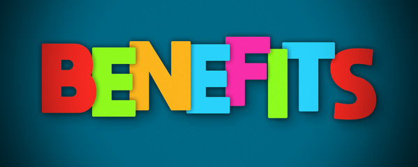 Benefits - overlapping multicolor letters written on blue background