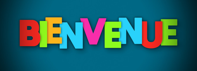 Bienvenue - overlapping multicolor letters written on blue background