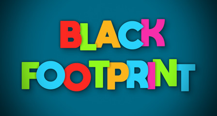 Black Footprint - overlapping multicolor letters written on blue background