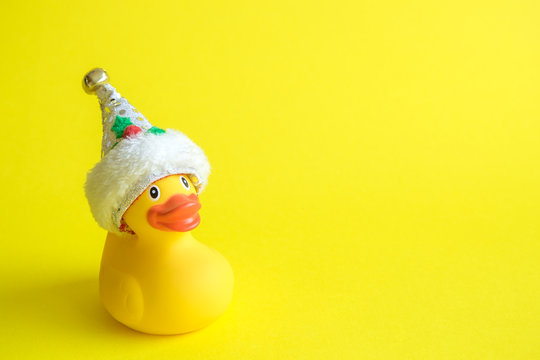 Christmas rubber duck toy for swimming on yellow background.
