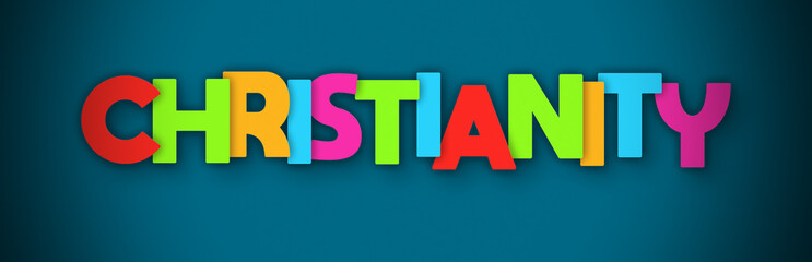 Christianity - overlapping multicolor letters written on blue background