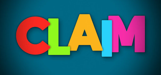Claim - overlapping multicolor letters written on blue background
