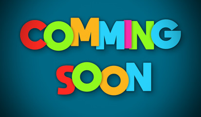 Comming Soon - overlapping multicolor letters written on blue background