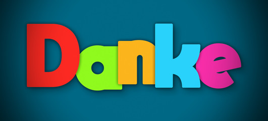Danke - overlapping multicolor letters written on blue background