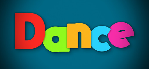 Dance - overlapping multicolor letters written on blue background