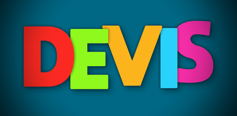 Devis - overlapping multicolor letters written on blue background