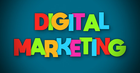 Digital Marketing - overlapping multicolor letters written on blue background