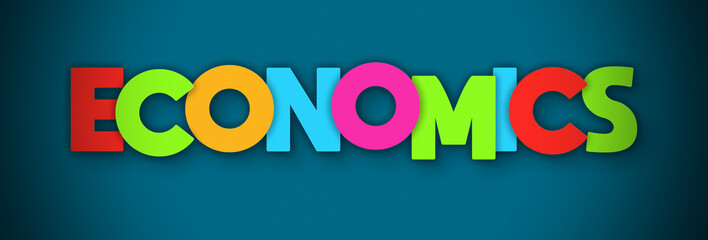 Economics - overlapping multicolor letters written on blue background