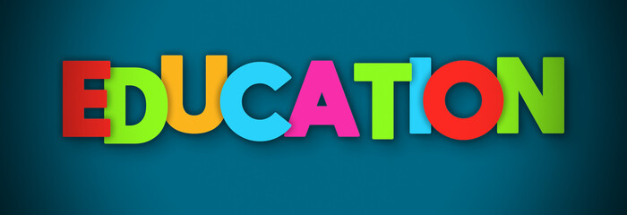Education - overlapping multicolor letters written on blue background