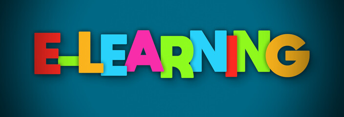 E-Learning - overlapping multicolor letters written on blue background