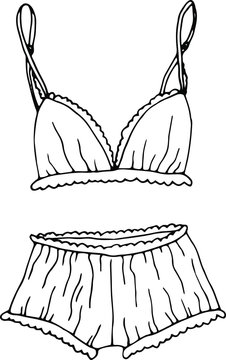 recommend clip art: Cute lingerie with frills. Panties shorts and bra in line art style. Hand drawn vector illustration. Monochrome black and white ink sketch. Isolated on white background.