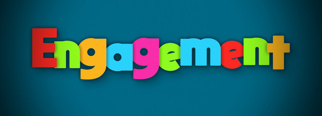 Engagement - overlapping multicolor letters written on blue background