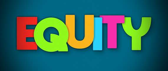 Equity - overlapping multicolor letters written on blue background