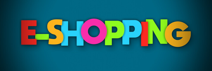 E-shopping - overlapping multicolor letters written on blue background
